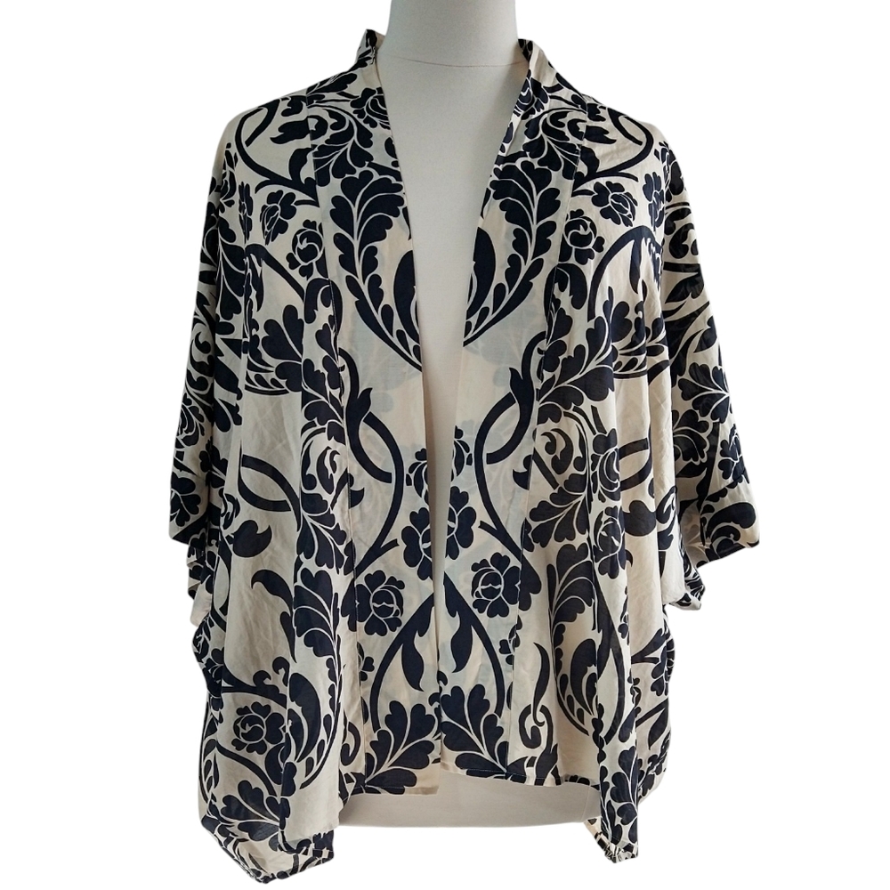 Chico's Silk Blend Tan Black Floral Boho Ruana Kimono Open Front Lightweight